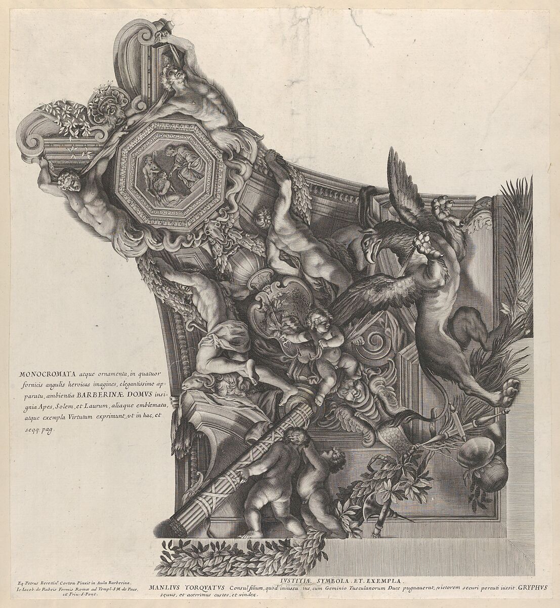 Plate 7: Allegory of Justice with griffin of Manlius Toquatus, from Barberinae aulae fornix, Anonymous, Italian, 17th century, Engraving 