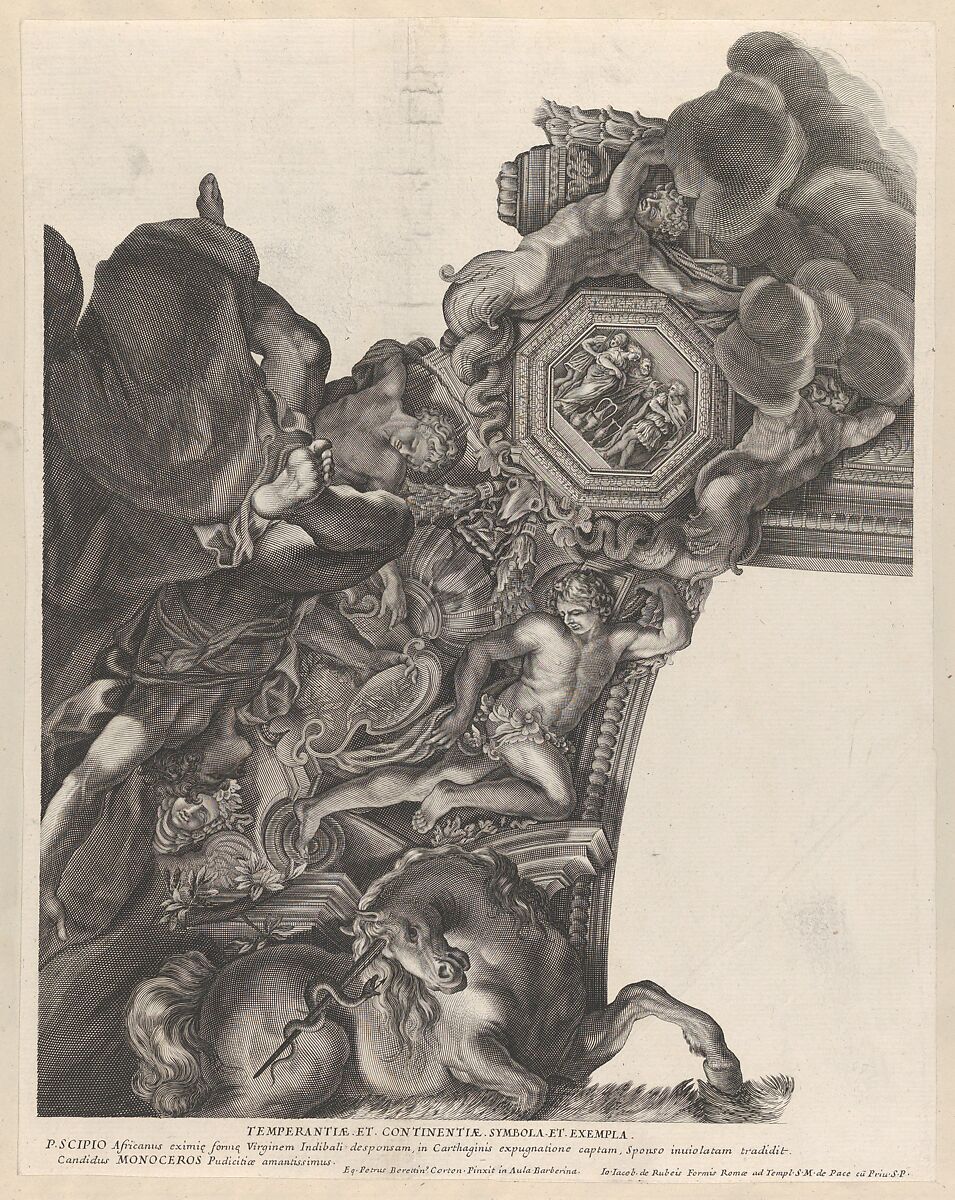 Plate 9: Allegory of Temperance with a unicorn and Publius Scipio Africanus at bottom, from Barberinae aulae fornix, Anonymous, Italian, 17th century, Engraving 