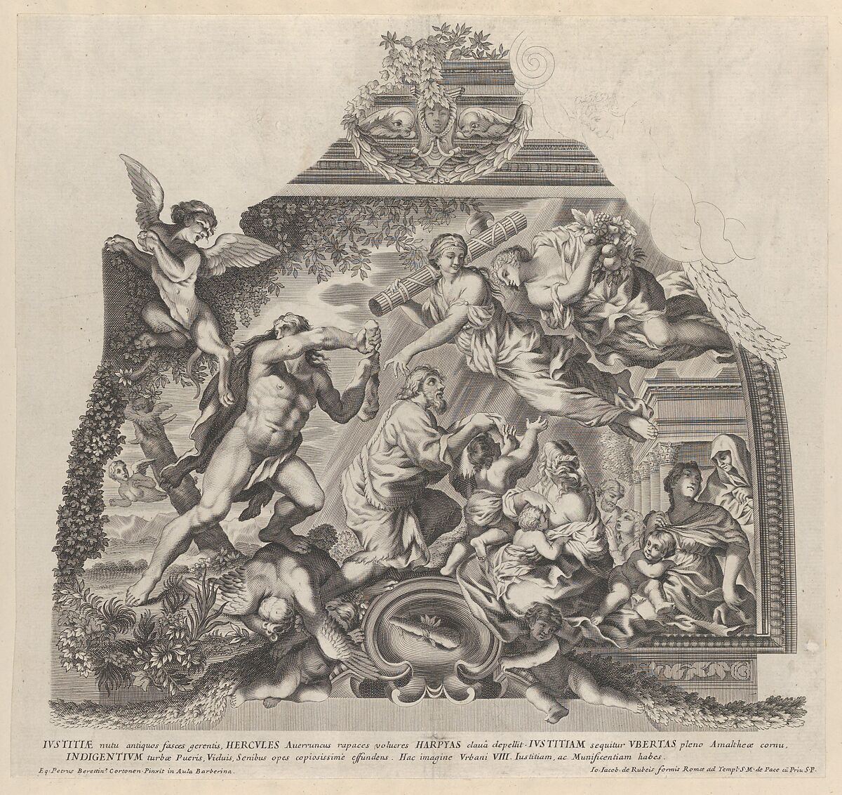 Plate 6: Allegory with Hercules chasing off the Harpies as Justice and Plenty aid the poor, from Barberinae aulae fornix, Anonymous, Italian, 17th century, Engraving 