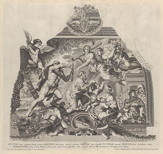 Plate 6: Allegory with Hercules chasing off the Harpies as Justice and Plenty aid the poor, from 