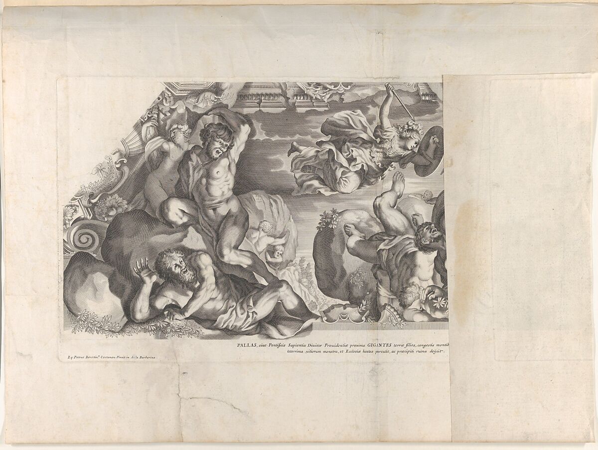 Minerva depicted at top with a shield and arrow vanquishing the Giants below, from Barberinae aulae fornix, Anonymous, Italian, 17th century, Engraving 