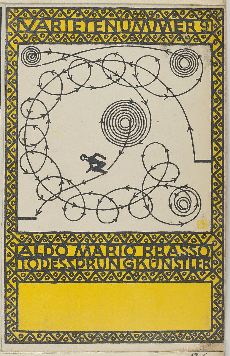 Variety Act 9: Also Mario Brasso, "Leap of Death" Artist (Varietenummer 9: Aldo Mario Brasso, Todessprungkünstler), Moriz Jung (Austrian (born Czechoslovakia) Moravia 1885–1915 Manilowa (Carpathians)), Color lithograph 