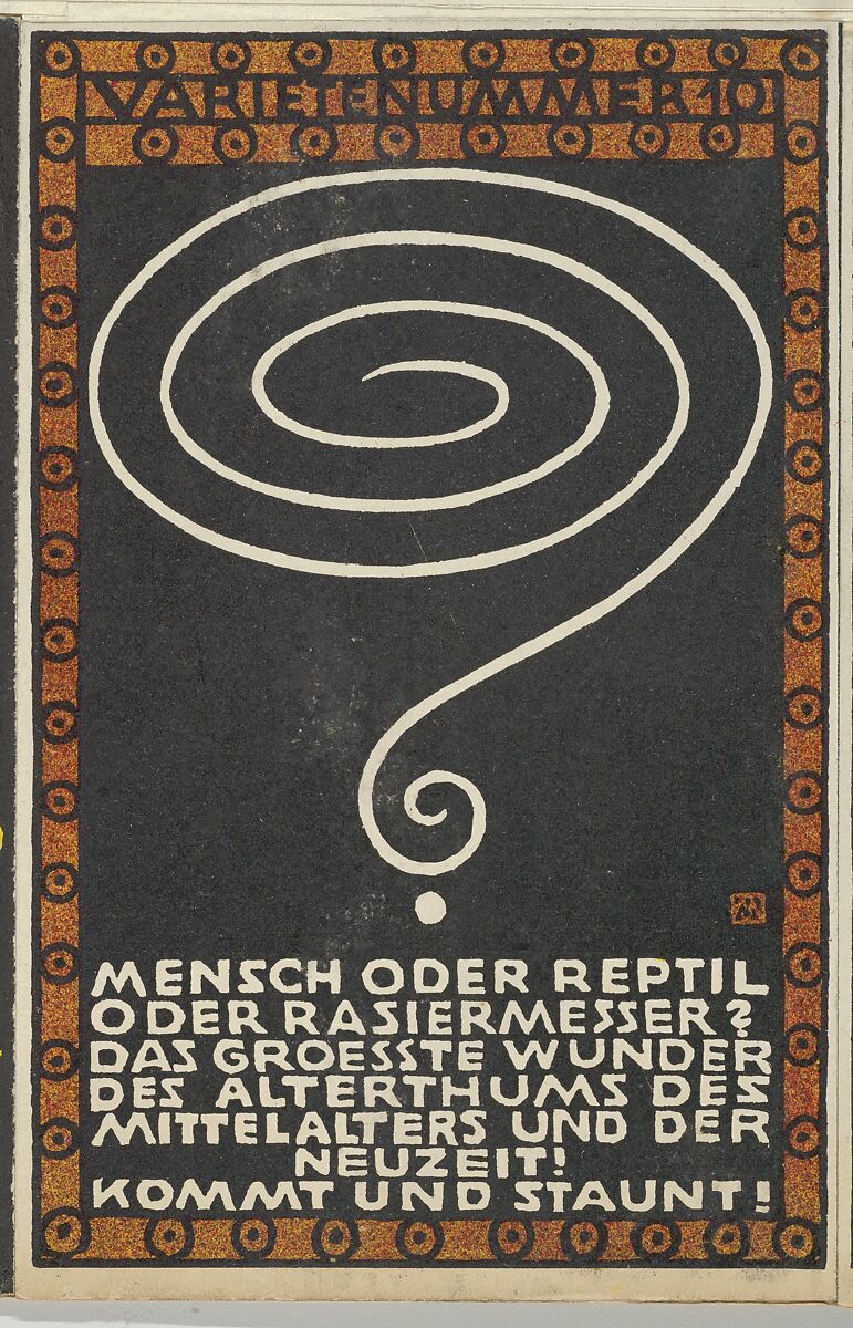 Variety Act 10: Man or Reptile or Razor? (Varietenummer 10: Mensch oder Reptil oder Rasiermesser?), Moriz Jung (Austrian (born Czechoslovakia) Moravia 1885–1915 Manilowa (Carpathians)), Color lithograph 