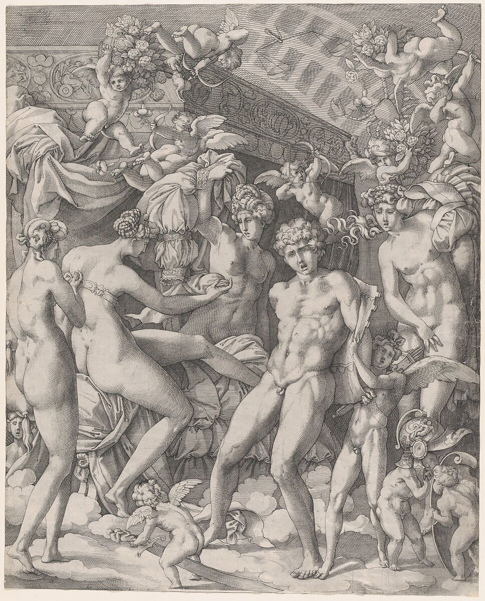 Venus and Mars with cupid and the Three Graces, Master HCB (active Rome, 1565), Engraving 