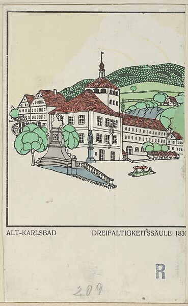 Old Karlsbad: Trinity Column 1830 (Alt-Karlsbad Dreifaltigkeitssäule 1830), Alois Leupold-Löwenthal (Austrian, Vienna 1881–after 1945), Color lithograph 