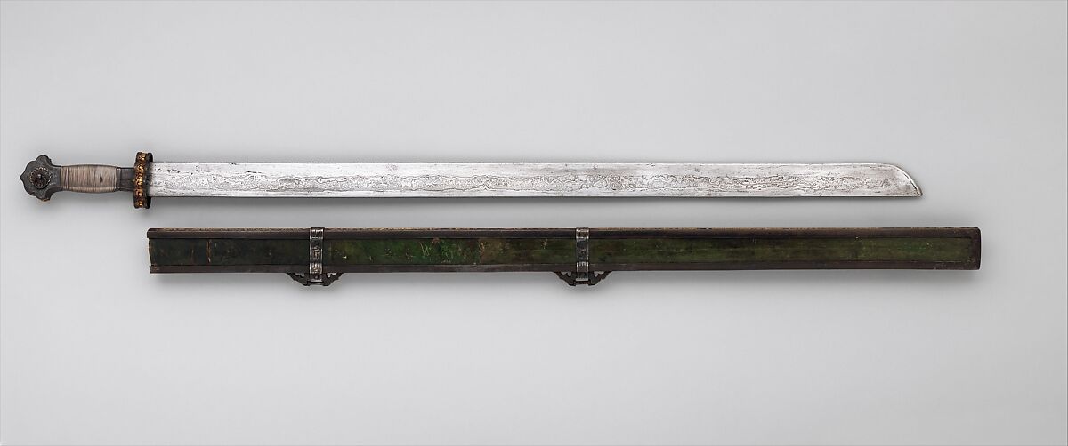 Sword, Scabbard, and Belt Hook, Steel, silver, copper, gold, coral, wood, leather, Tibetan