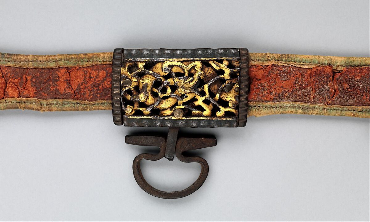 Sword, Scabbard, and Belt Hook, Steel, silver, copper, gold, coral, wood, leather, Tibetan