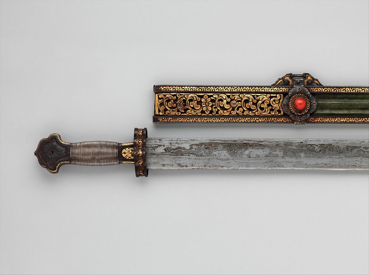 Sword, Scabbard, and Belt Hook, Steel, silver, copper, gold, coral, wood, leather, Tibetan