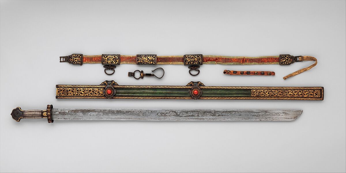 Sword, Scabbard, and Belt Hook, Steel, silver, copper, gold, coral, wood, leather, Tibetan 