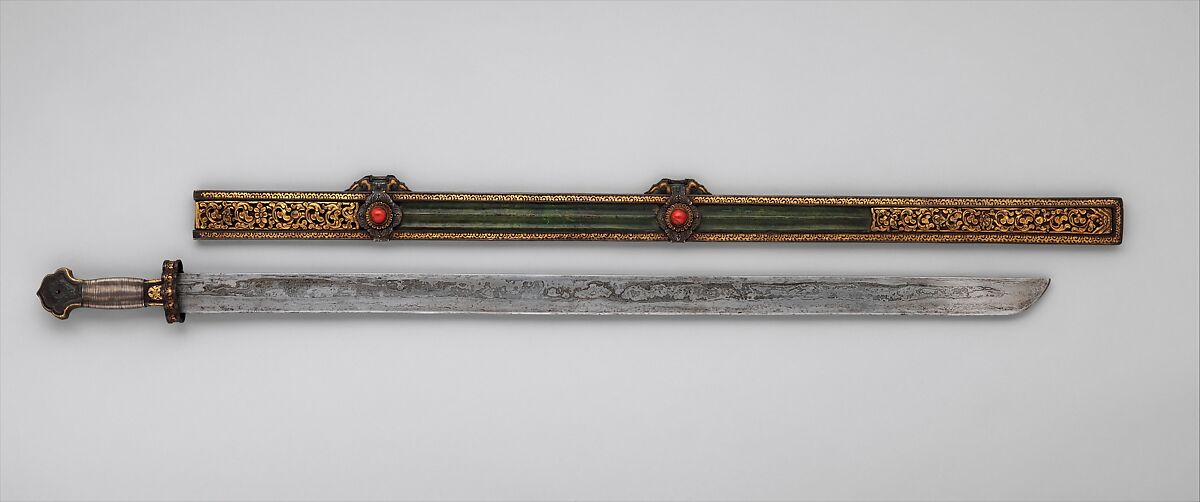Sword, Scabbard, and Belt Hook, Steel, silver, copper, gold, coral, wood, leather, Tibetan