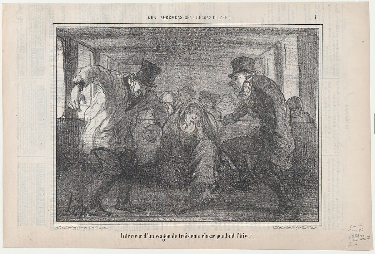 Intérieur d'un wagon de troisième classe..., from Les Agréments des Chemins de Fer, published in Le Charivari, December 13, 1856, Honoré Daumier (French, Marseilles 1808–1879 Valmondois), Lithograph; third state of three (Delteil) 