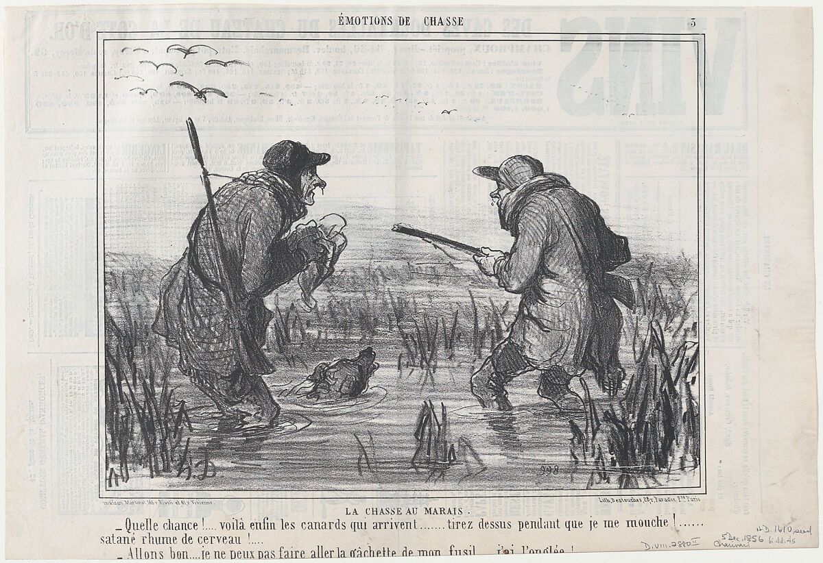 Le Chasse au Marais –Quelle Chance!..., from Émotions de Chasse, published in Le Charivari, December 5, 1856, Honoré Daumier (French, Marseilles 1808–1879 Valmondois), Lithograph; second state of two (Delteil) 