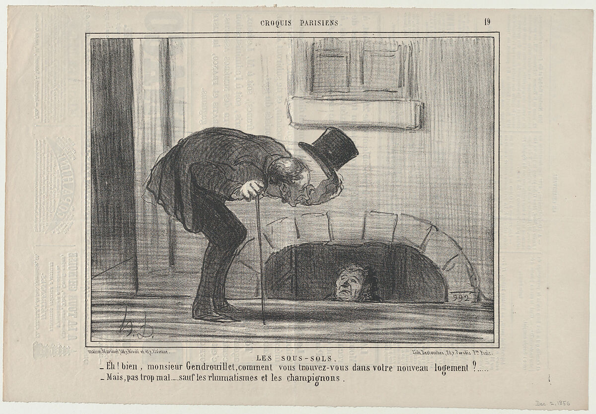 Les Sous-Sols, from Croqius Parisiens, published in Le Charivari, December 2, 1856, Honoré Daumier (French, Marseilles 1808–1879 Valmondois), Lithograph; second state of two (Delteil) 