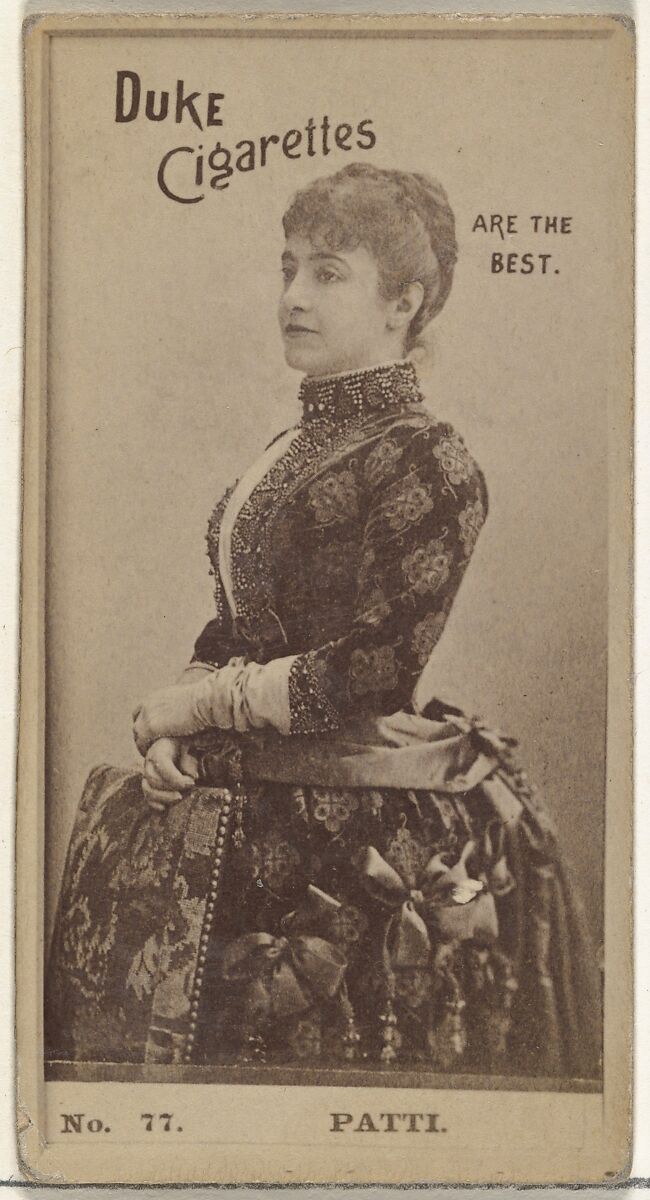 Card Number 77, Patti, from the Actors and Actresses series (N145-6) issued by Duke Sons & Co. to promote Duke Cigarettes, Issued by W. Duke, Sons &amp; Co. (New York and Durham, N.C.), Albumen photograph 