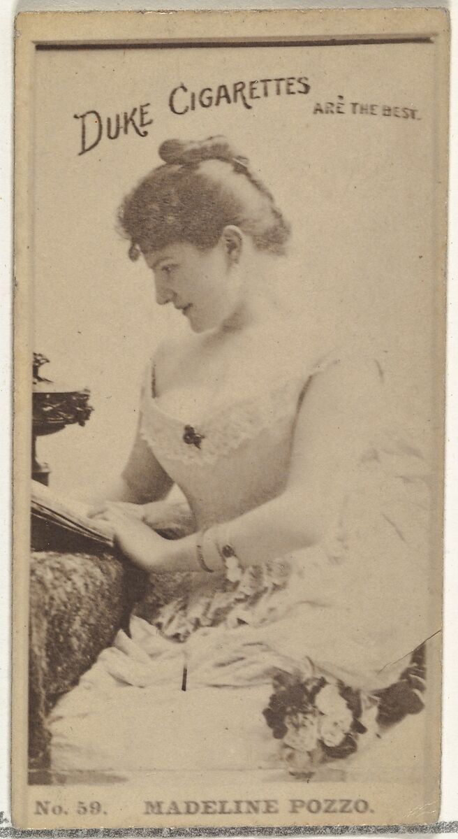 Card Number 59, Madeline Pozzo, from the Actors and Actresses series (N145-6) issued by Duke Sons & Co. to promote Duke Cigarettes, Issued by W. Duke, Sons &amp; Co. (New York and Durham, N.C.), Albumen photograph 