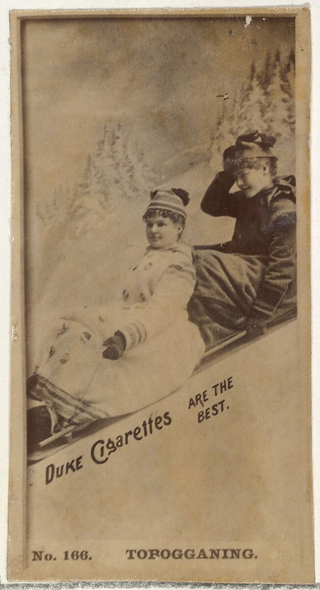 Card Number 166, Topogganing, from the Actors and Actresses series (N145-6) issued by Duke Sons & Co. to promote Duke Cigarettes, Issued by W. Duke, Sons &amp; Co. (New York and Durham, N.C.), Albumen photograph 