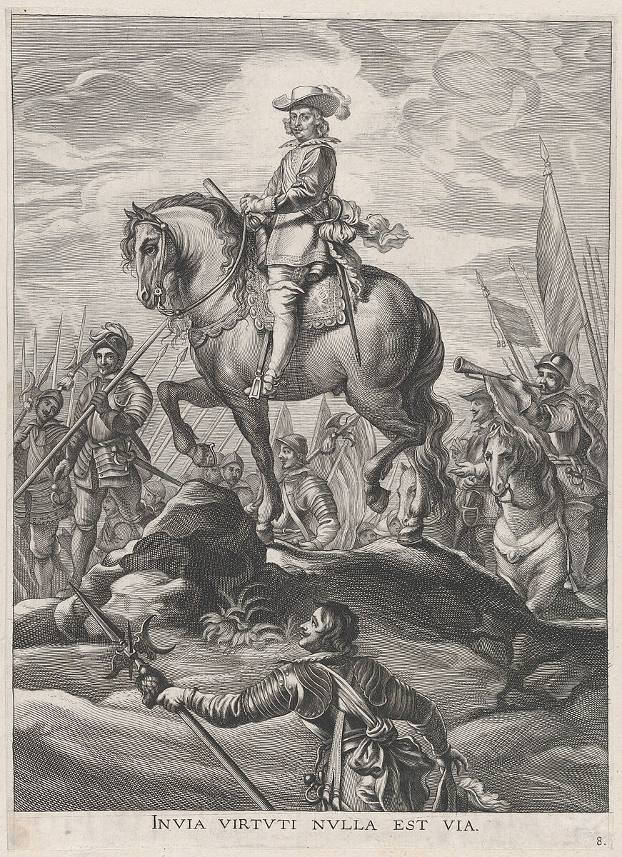 Plate 8: Ferdinand on horseback crossing the Alps; from Guillielmus Becanus's 'Serenissimi Principis Ferdinandi, Hispaniarum Infantis...', Pieter de Jode II (Flemish, 1606–ca. 1674), Engraving 