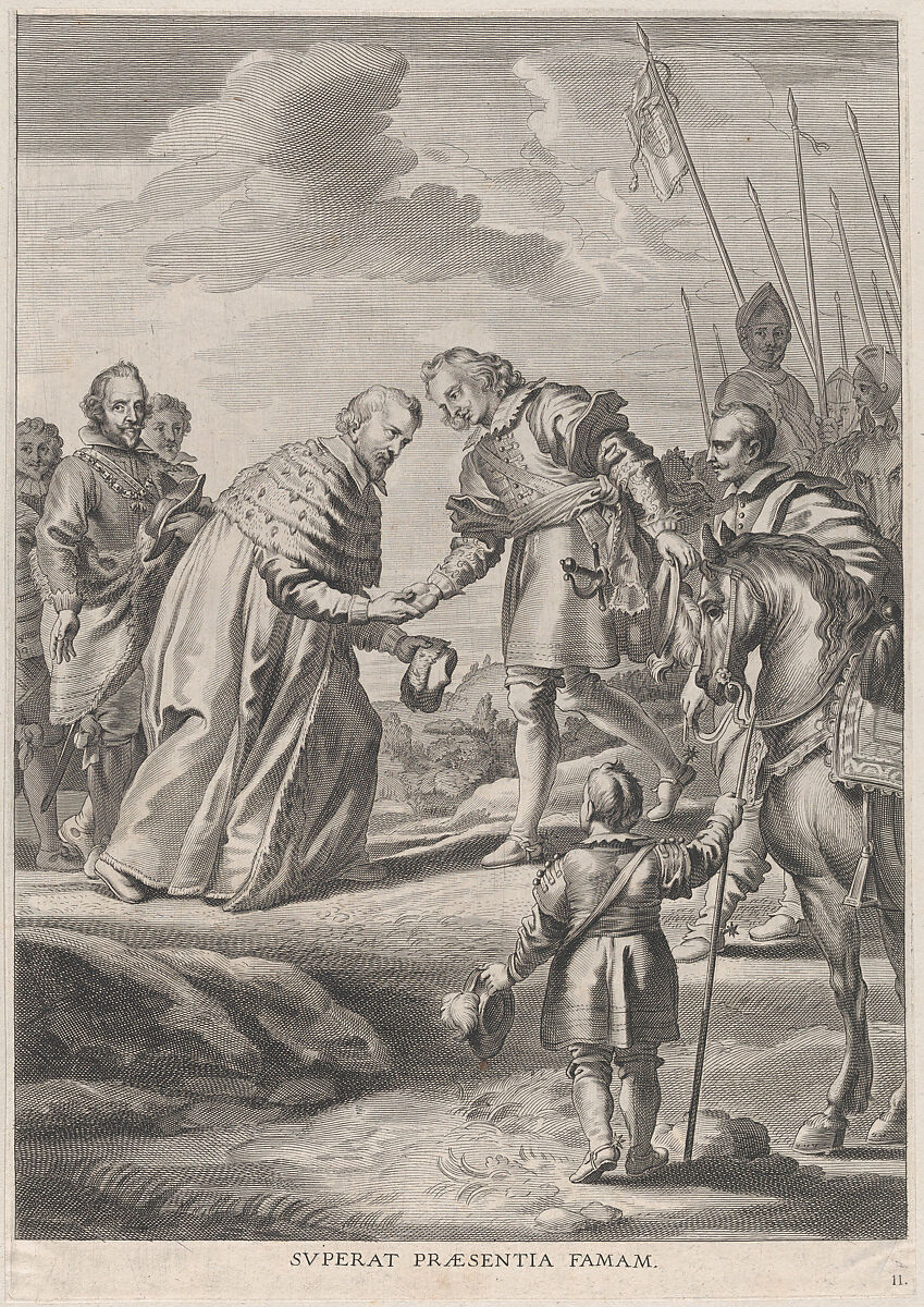 Plate 11: Ferdinand greeted by the Elector of Cologne; from Guillielmus Becanus's 'Serenissimi Principis Ferdinandi, Hispaniarum Infantis...', Pieter de Jode II (Flemish, 1606–ca. 1674), Engraving 