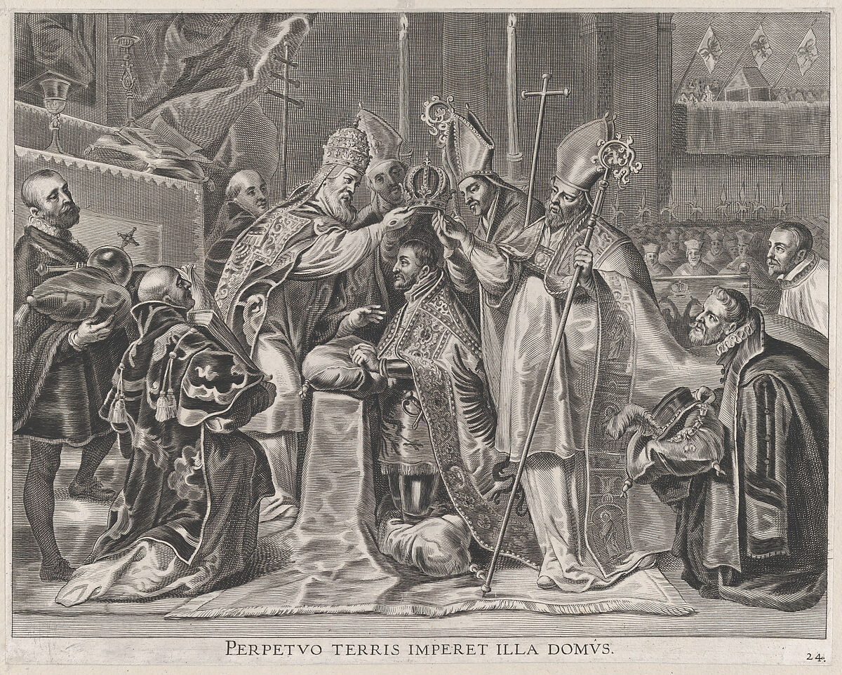 Plate 24: Charles V crowned Emperor by the Pope; from Guillielmus Becanus's 'Serenissimi Principis Ferdinandi, Hispaniarum Infantis...', Pieter de Jode II (Flemish, 1606–ca. 1674), Engraving 