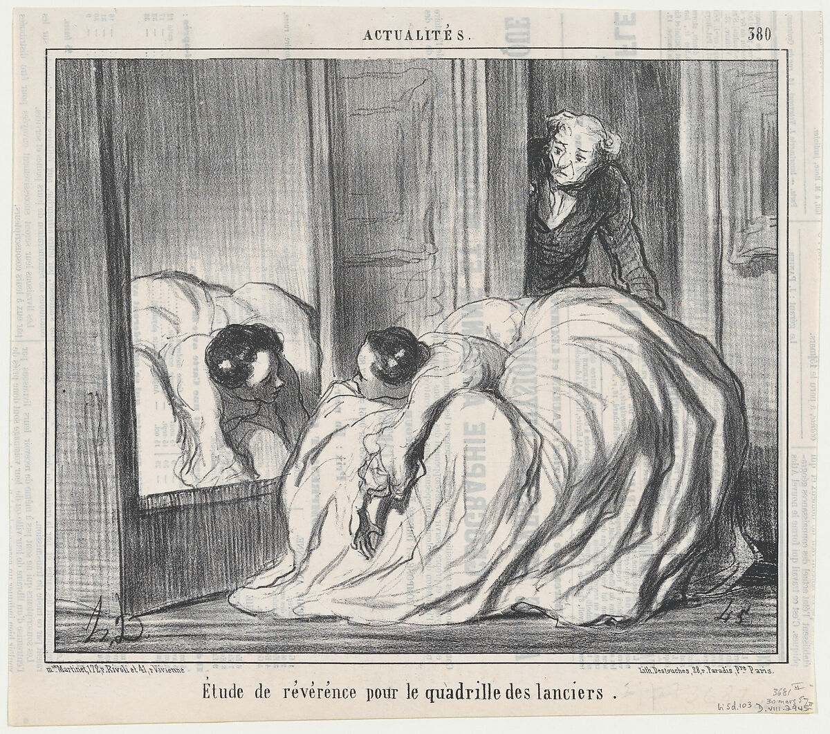Étude de révérence pour le quadrille des lanciers, from Actualités, publlished in Le Charivari, March 30, 1857, Honoré Daumier (French, Marseilles 1808–1879 Valmondois), Lithograph; second state of two (Delteil) 