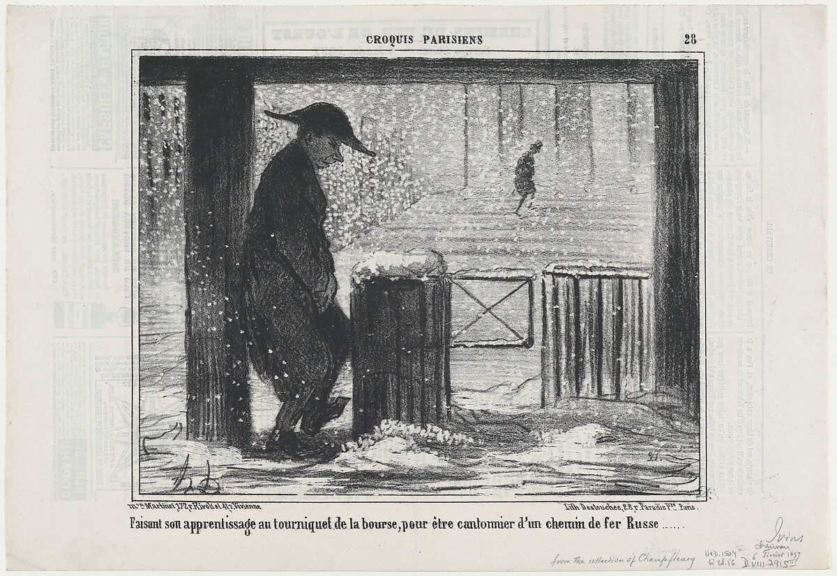 Faisant son apprentissage au tourniquet de la bourse..., from Croquis Parisiens, published in Le Charivari, February 6, 1857, Honoré Daumier (French, Marseilles 1808–1879 Valmondois), Lithograph; second state of two (Delteil) 
