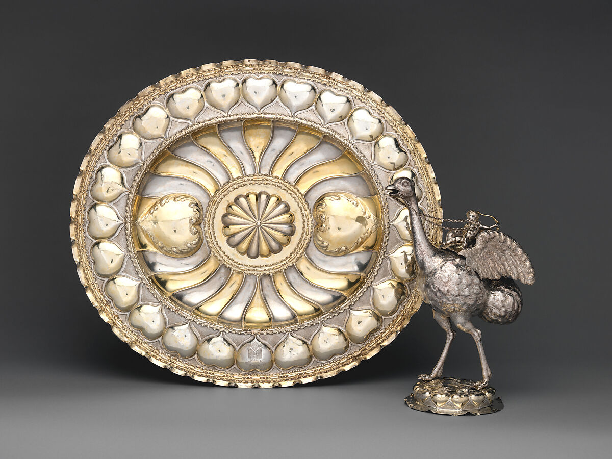 Ewer in the form of an ostrich and basin, Ewer by Marx Weinold (German, master 1665, died 1700), Silver, partially gilded, German, Augsburg
