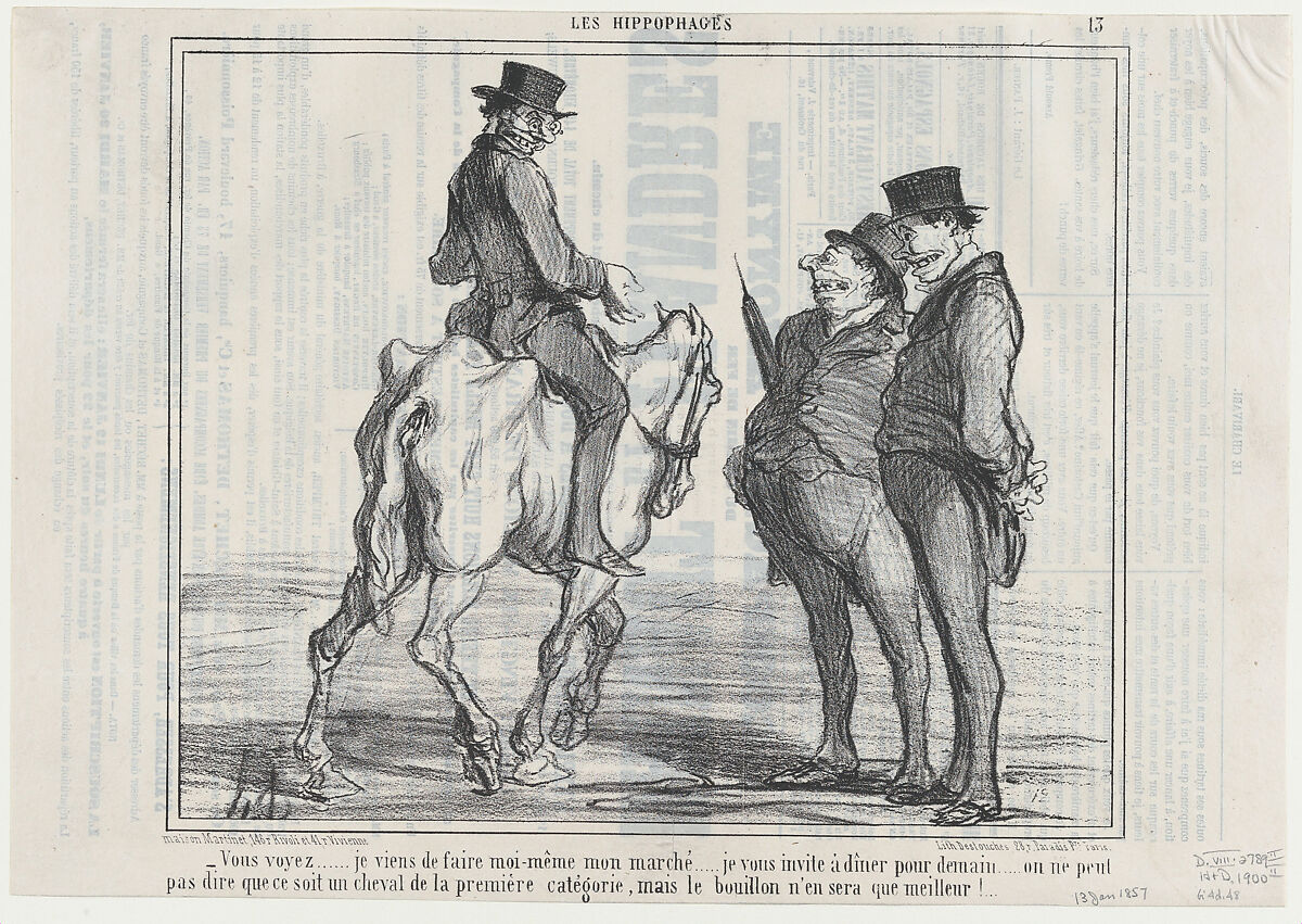 Vous voyez....je viens de faire...mon marché..., from Les Hippophages, published in Le Charivari, January 13, 1857, Honoré Daumier (French, Marseilles 1808–1879 Valmondois), Lithograph; second state of two (Delteil) 