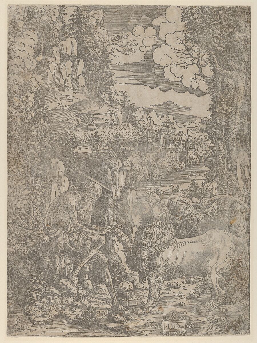 Saint Jerome extracting a thorn from the lion's paw, Giovanni Battista Palumba (Italian, active ca. 1500–1520), Woodcut 