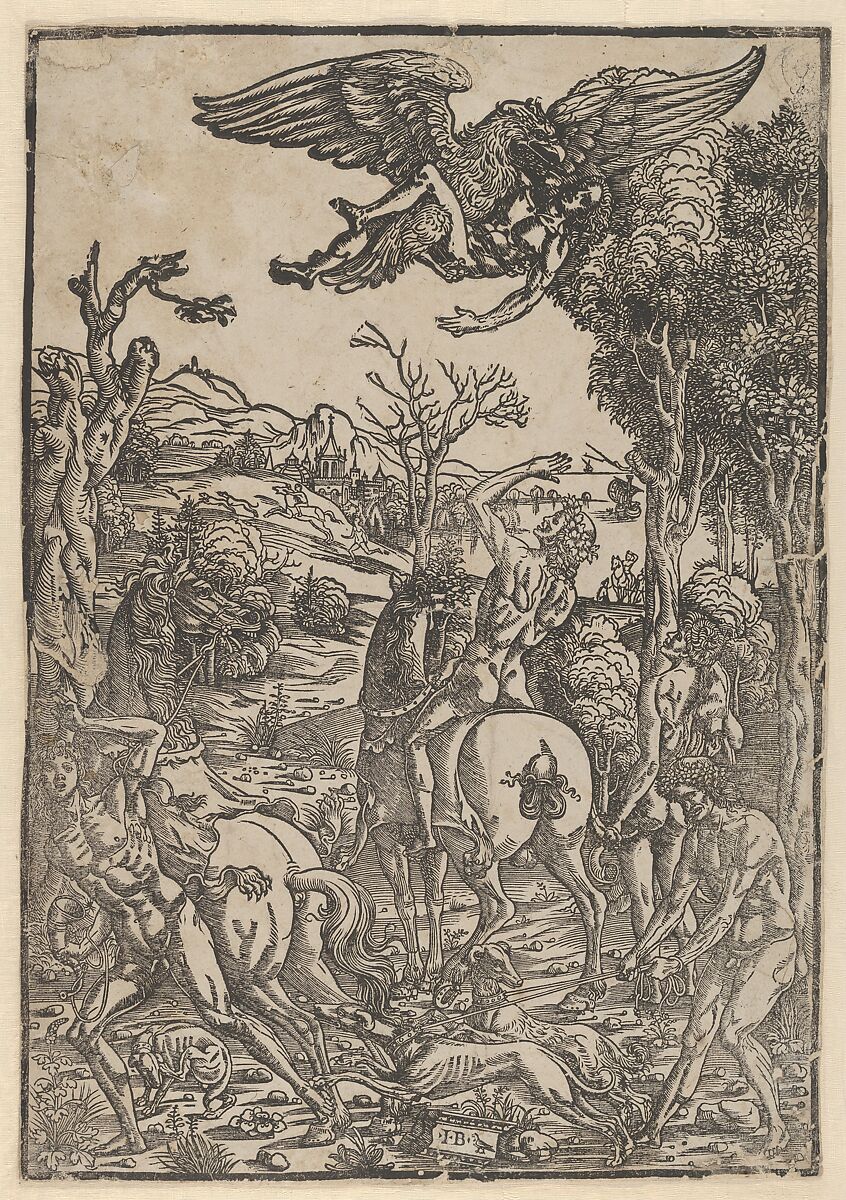 Zeus as an eagle, abducting Ganymede, Giovanni Battista Palumba (Italian, active ca. 1500–1520), Woodcut 