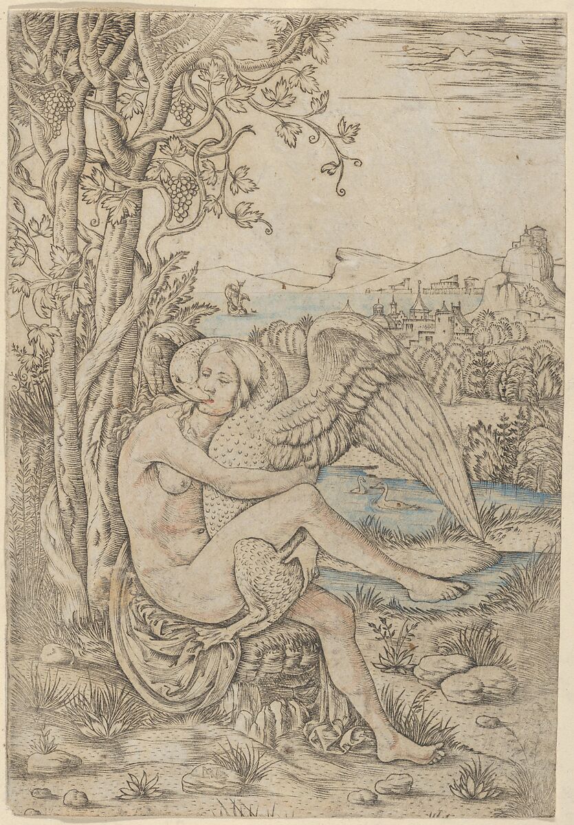 Leda and the Swan set in a landscape, Giovanni Battista Palumba (Italian, active ca. 1500–1520), Engraving, partly hand colored 