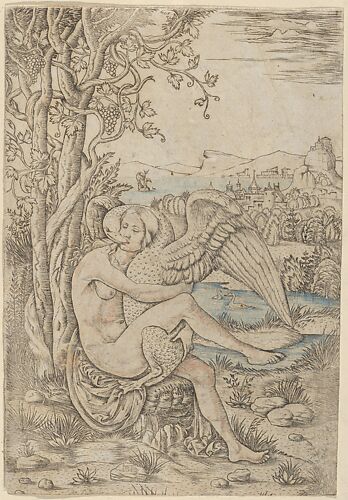 Leda and the Swan set in a landscape