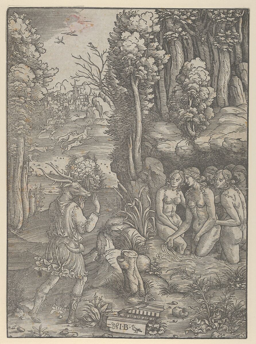 Diana turning Actaeon into a stag, Giovanni Battista Palumba (Italian, active ca. 1500–1520), Woodcut, letterpress on verso from Leon Baptista Alberti's 'Opera' (Florence 1496?) 