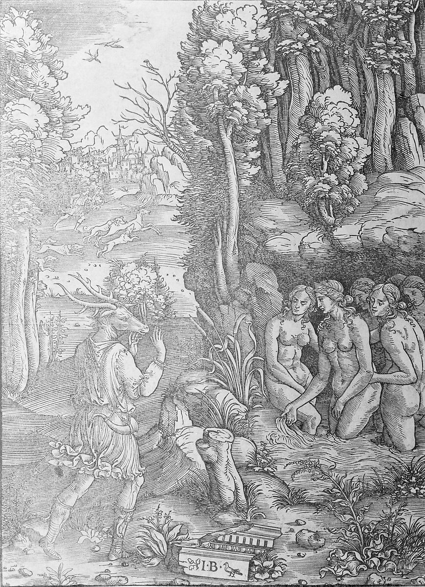Diana turning Actaeon into a stag, Giovanni Battista Palumba (Italian, active ca. 1500–1520), Woodcut, letterpress on verso from Leon Baptista Alberti's 'Opera' (Florence 1496?)