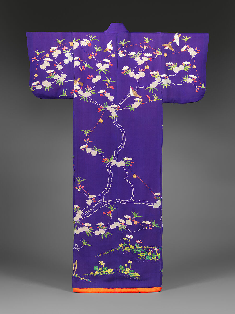 Court Lady’s Garment (Kosode) with Swallows and Bells on Blossoming Cherry Tree, Silk crepe (chirimen) with silk embroidery and couched gold thread, Japan