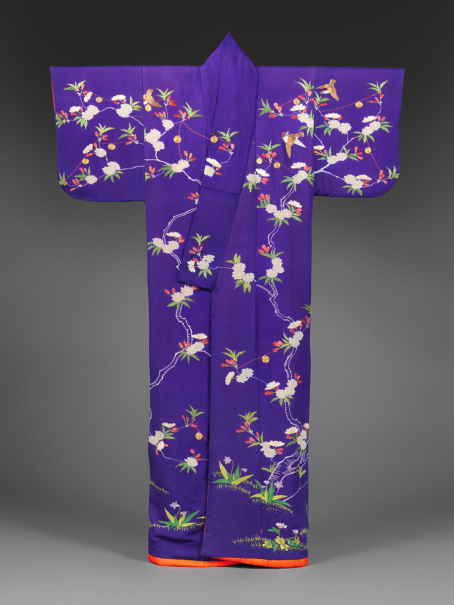 Court Lady’s Garment (Kosode) with Swallows and Bells on Blossoming Cherry Tree, Silk crepe (chirimen) with silk embroidery and couched gold thread, Japan