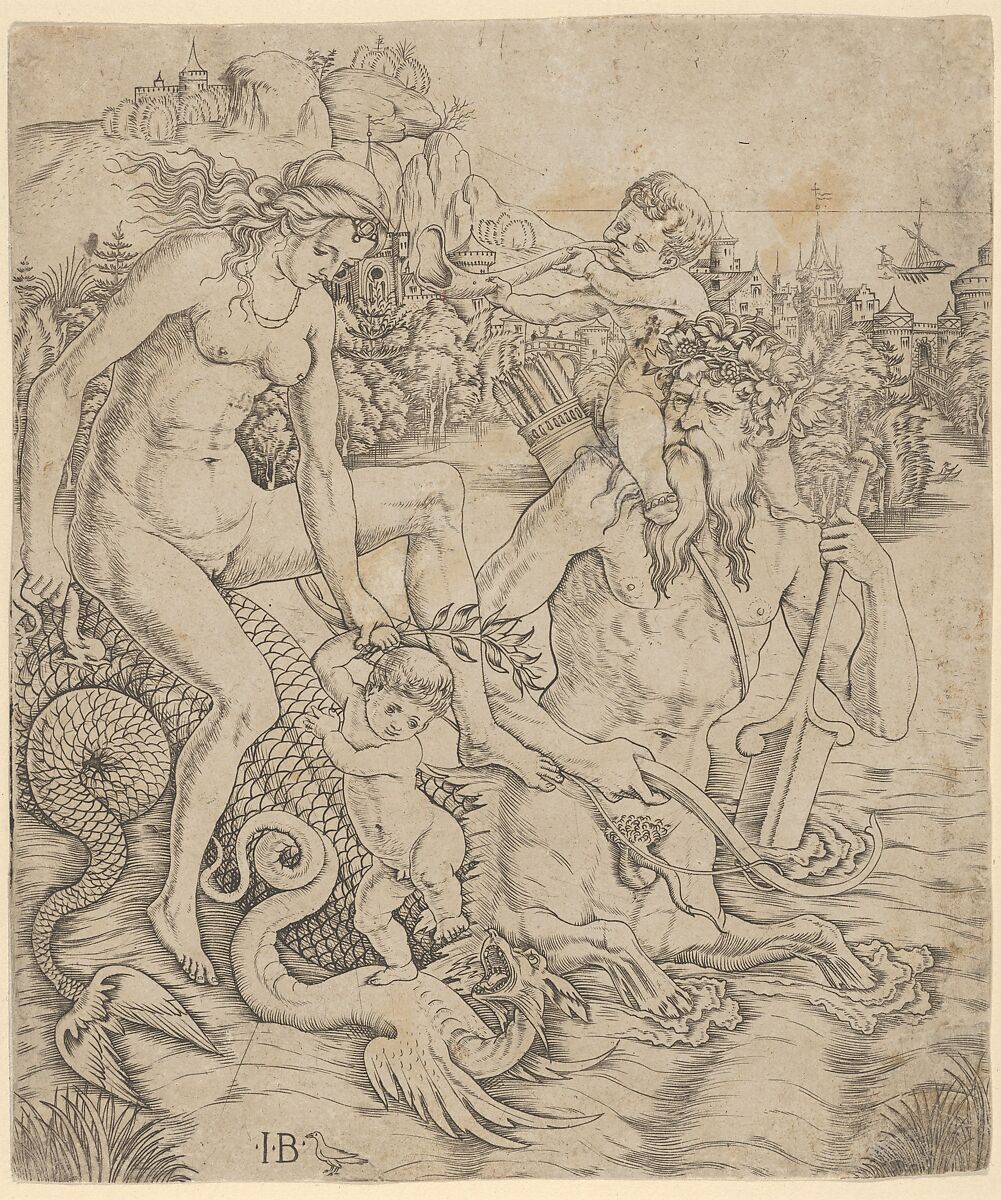 A triton family in the sea, with a mother and child seated on the back of a half-man, half-sea monster with a child blowing on a conch shell on his shoulders, Giovanni Battista Palumba (Italian, active ca. 1500–1520), Engraving 