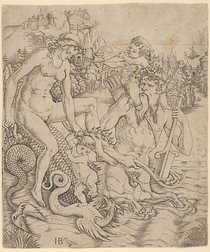 A triton family in the sea, with a mother and child seated on the back of a half-man, half-sea monster with a child blowing on a conch shell on his shoulders