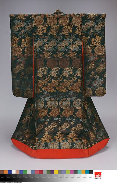 Over Robe (Uchikake) with Fans, Phoenixes, Chrysanthemums, and Floral Hexagons, Silk lampas, Japan 
