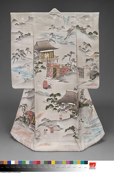 Over Robe (Uchikake) with Scenes from The Tales of Ise, Silk plain-weave crepe (kabe chirimen), paste-resist dyed (yūzen), hand-painted with ink, embroidered with silk, and couched with gold-wrapped thread , Japan 