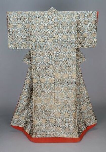Over Robe (Uchikake) with Foliage-Scroll and Lotus Patterns, Silk lampas, gilt paper strips, Japan 