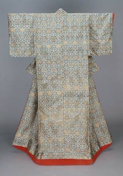 Over Robe (Uchikake) with Foliage-Scroll and Lotus Patterns, Silk lampas, gilt paper strips, Japan 