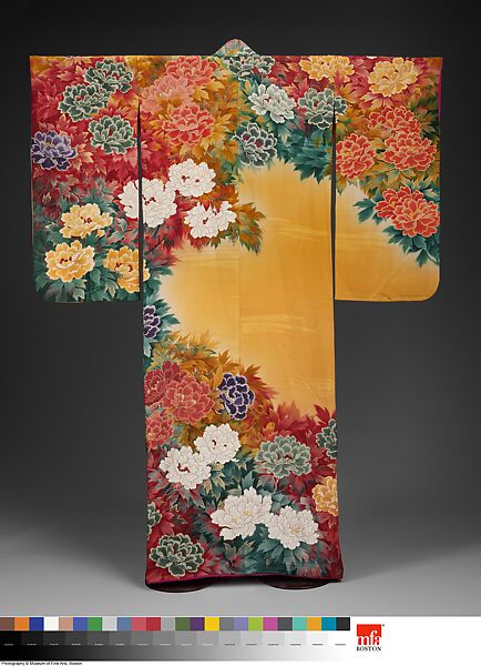 Kimono with Peonies, Weft-patterned silk plain weave (crepe), stencil-dyed, painted with gold paste, and embroidered with silk and metallic threads, Japan 
