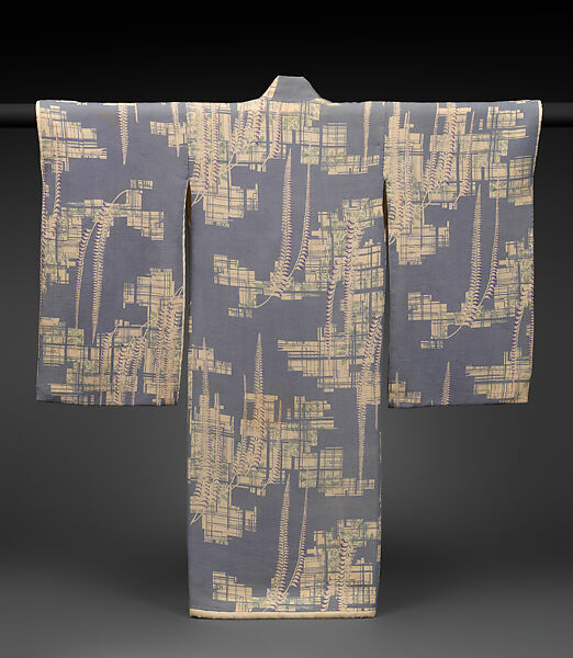 Girl’s kimono with wisteria and trellis, Crepe silk (kabe chirimen) with stencil paste-resist dyeing, Japan 