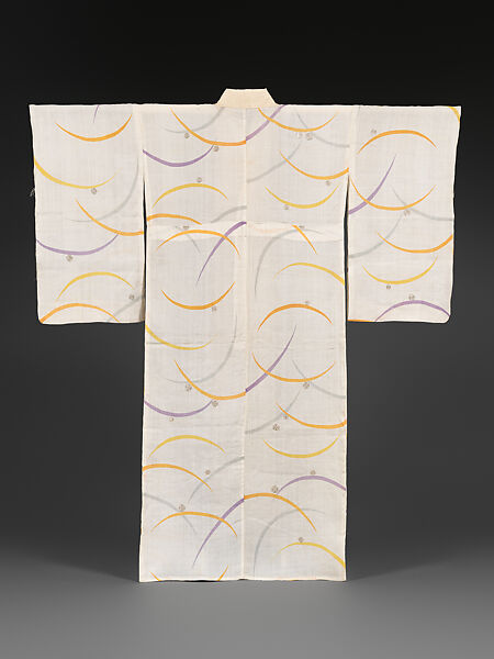 Summer Kimono (Katabira) with Blades of Grass and Dewdrops, Printed plain-weave hemp with twisted wefts, couched silver thread , Japan 