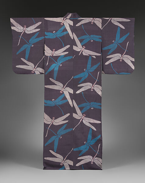 Meisen Summer Kimono with Dragonflies, Plain-weave silk warps with twisted dupioni silk wefts in unraveled ikat (hogushi-gasuri), Japan 