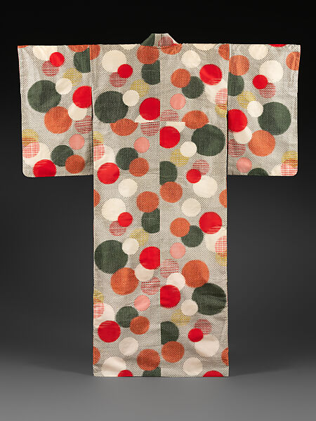 Meisen Kimono with Water Droplets, Plain-weave reeled-silk warps with machine-spun silk wefts in double ikat (heiyō-gasuri), Japan