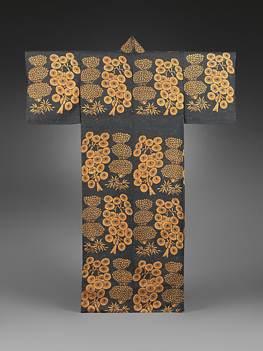 Kimono with pine, bamboo, and topiary holly trees
