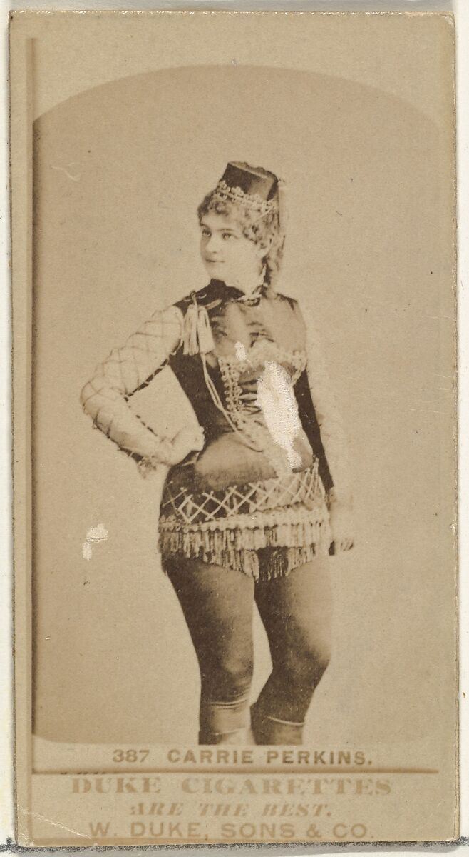 Card Number 387, Carrie Perkins, from the Actors and Actresses series (N145-7) issued by Duke Sons & Co. to promote Duke Cigarettes, Issued by W. Duke, Sons &amp; Co. (New York and Durham, N.C.), Albumen photograph 