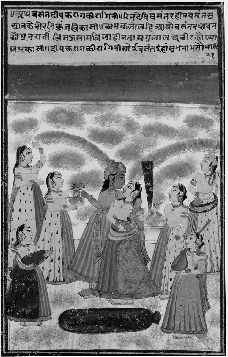 Krishna and Radha Celebrating Holi, Colors and gold on paper, India 