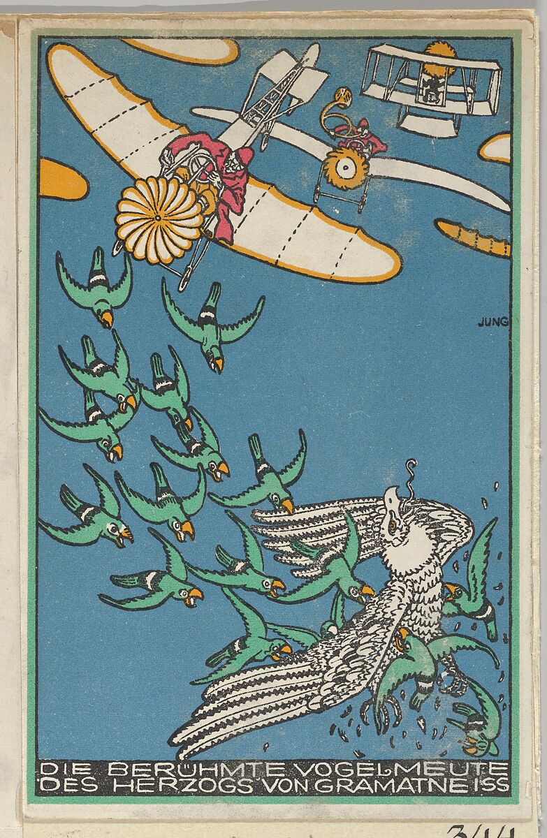 The Duke of Gramatneiss's Famous Pack of Birds (Die Berühmte Vogelmeute des Herzogs von Gramatneiss), Moriz Jung (Austrian (born Czechoslovakia) Moravia 1885–1915 Manilowa (Carpathians)), Color lithograph 